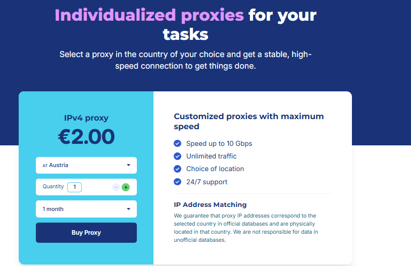 PQ.Hosting proxy pricing table starting at €2.00/month