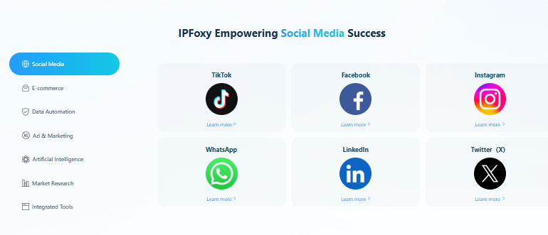 Illustration of IPFoxy proxy service enabling social media management for platforms like TikTok, Instagram, and Twitter.
IPFoxy social media proxy, TikTok proxy, Instagram proxy.