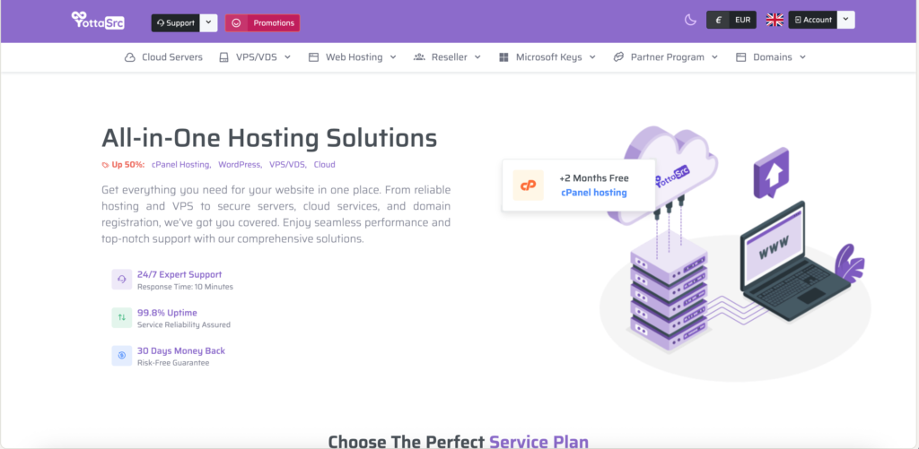 YottaSrc hosting platform interface showing cloud, VPS, and cPanel services